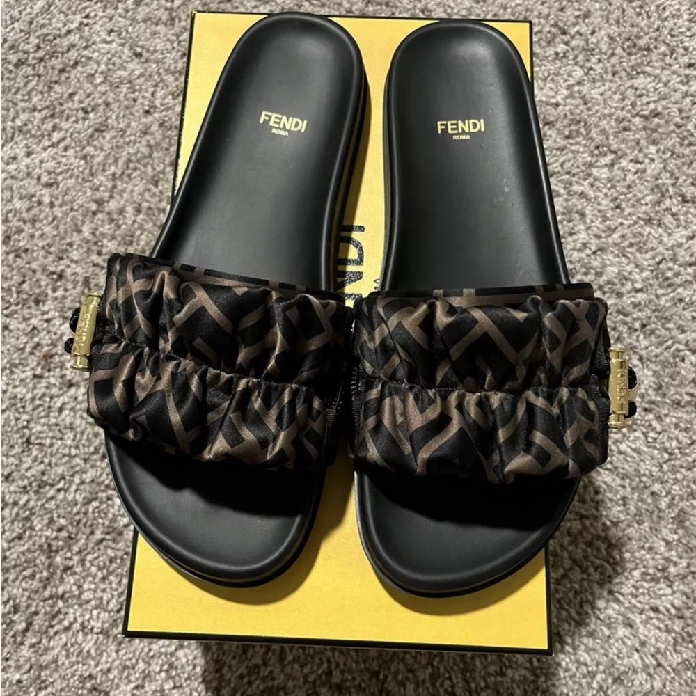 Brown Satin Fendi Slides Women’s Size 39 EU(Italy)/US 8/UK 6